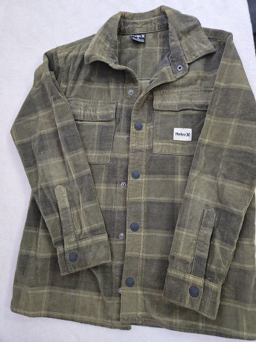 🫒Hurley Kids Olive Plaid Corduroy Shirt Jacket, Kids Medium🫒
